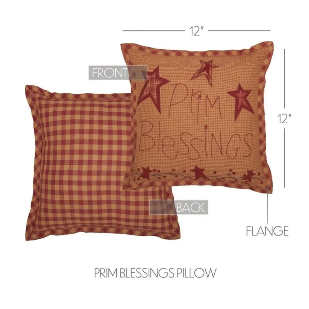 NEW! Farmhouse Burgundy Checked Prim Blessings Throw Pillow Country Cottage
